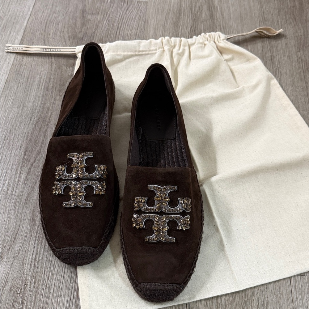 Tory Burch Dark Brown Suede Loafers with Crystal Logo
Dust bag 
No original box - Picture 8 of 12